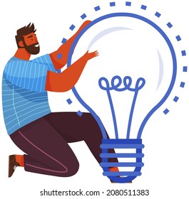 Man creates new business idea, develops mental mindset, imagination. Male character near huge light bulb. Creation of optimal solution, development of creative thinking, strategy planning concept