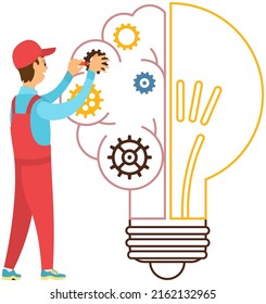 Man creates new idea. Light bulb with gears vector illustration. Creation of optimal solution, development of creative thinking. Mental mindset, imagination concept. Person creates abstract figure