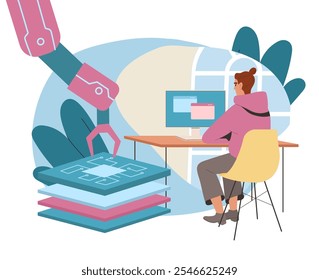 Man creating chip. Young guy with computer near computer hardware part. Modern technologies and innovations. Electronic industry. Flat vector illustration isolated on white background