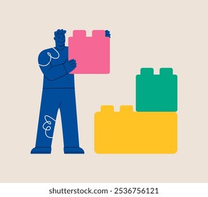 Man creating Construction connector bricks. Brainstorming, development, solution. Colorful vector illustration
