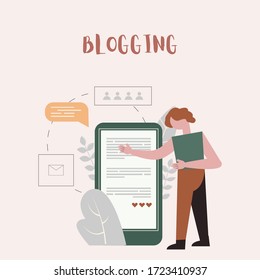 Man creating content for his blog, Blogging vector  illustration for social media in modern, flat style 