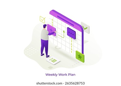 Man creating, editing, and managing tasks on a weekly work plan or schedule calendar. Time management and task tracking for business.Isometric vector illustration
