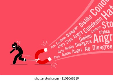 A man creating a lot of hates and dislikes on his social media. Vector artwork illustrations depict the concept of social media, hatred, angry, displease, unhappiness, and disgust by post and message.