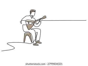 Man creating music by strumming a balalaika, one line drawing vector illustration isolated on white background