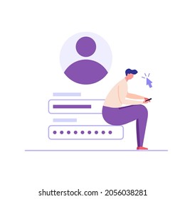 Man creating new account with login and secure password. Registration user interface. Users register online. Concept of online registration, sign in, sign up. Vector illustration in flat for app, UI