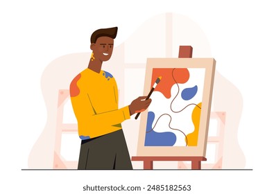 Man creating new picture. Young guy with brush paints picture. Artist in studio or workshop. Creativity and art. Painter near canvas. Flat vector illustration isolated on white background