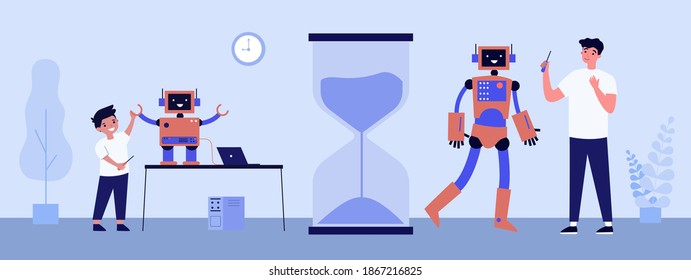 Hombre creando robot en sus diferentes edades. Niño, pequeño ciborg, gran ilustración humanoide plana vectorial. Robótica, hobby, concepto de ingeniería para banner, diseño de sitios web o página web de aterrizaje