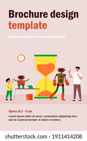 Man creating robot in his different ages. Boy, small cyborg, large humanoid flat vector illustration. Robotics, hobby, engineering concept for banner, website design or landing web page