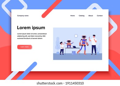 Man creating robot in his different ages. Boy, small cyborg, large humanoid flat vector illustration. Robotics, hobby, engineering concept for banner, website design or landing web page