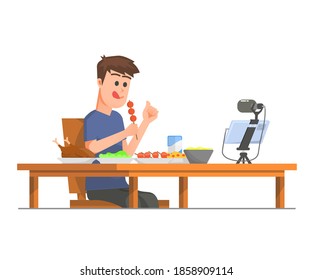 A man creating video content about food reviews