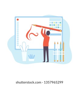 Man Creating Website, Digital Content Technology Process, Social Media Marketing. Vector Illustration.