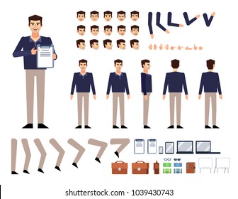 Man creation kit. Create your own pose, action, animation. Diverse poses, gestures, emotions, design elements. Flat style vector illustration