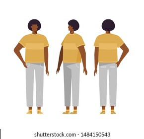 Man creation kit. Set of body positions for animation. Front, side, rear. Male Afro American character, different poses. Vector trendy illustration, flat style, cartoon. White background, isolated