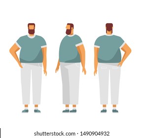 Man creation kit. Set of body positions for animation. Front, side, rear. Fat man, cartoon character with different poses. Vector trendy illustration, flat style, cartoon. White background, isolated