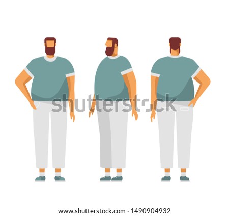 Man creation kit. Set of body positions for animation. Front, side, rear. Fat man, cartoon character with different poses. Vector trendy illustration, flat style, cartoon. White background, isolated