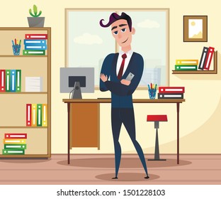 Man Creative Director in Black Business Suit. Design Studio. Office Interior. Designer in Office. Book Shelf with Colored Folders. Vector Illustration. Stylish Worker with Phone in Hand in Office.