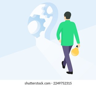 Man with a creative idea, holding a light bulb in his hand illustration. Idea generation, startup business idea graphic design. Planning business strategy