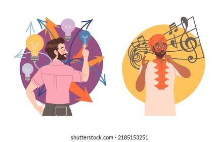 Man with Creative Type of Thinking or Mindset with Lightbulb and Musical Notes Vector Set