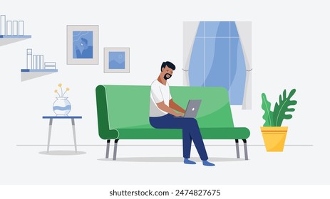 Man with creativity and imagination looking ideas online isolated. Guy generating content.