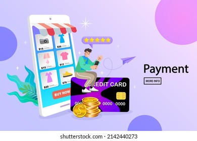 man with credit card. Ecommerce concept. Online shopping. Online delivery service concept. Fast delivery via mobile phone. Fresh Groceries Food. payment channel. Digital marketplace. Vector