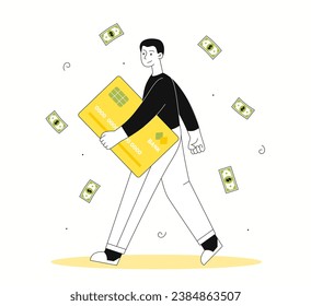 Man with credit card line concept. Young guy with banknotes, cash and money. Financial literacy, budget and savings. Cashless transfers and transactions. Linear flat vector illustration