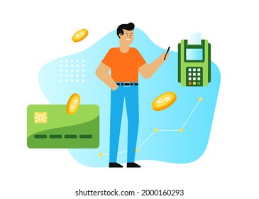 Man with credit card paying contactless. Flat design vector illustration. Online baking illustration for app. 