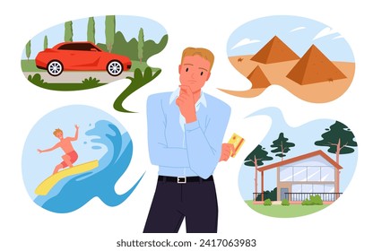 Man with credit card thinking about future expensive purchase or investment. Pensive rich male dreamer choosing between red car, new family home and travel vacation cartoon vector illustration