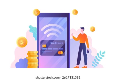 Man with credit card. Young guy with cashless transfers and transactions. Electronic commerce and purchase on internet. Banking application and digital wallet. Flat vector illustration