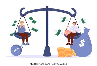 Man with credit concept. Young guys at scales with money. Credit and debt, mortgage. Financial service and offer from bank. Sasvings and budget. Cartoon flat vector illustration