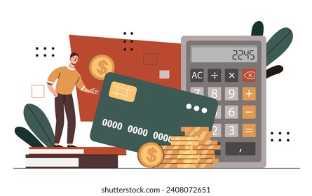 Man with credit debt concept. Young guy with banking card and cash near calculator. Character with golden coins. Financial literacy and occupation, budgeting. Cartoon flat vector illustration
