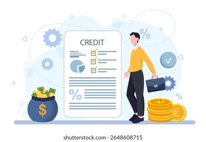 Man with credit report. Businessman with briefcase near golden coins and bill. Business credit rating and debt history. Banking financial statistics. Flat vector illustration