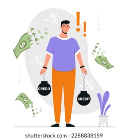 Man with credit. Young guy standing with two kettlebells in his arms. Economic crisis and inflation, recession. Debt and mortage, money loss