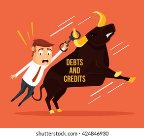 Man and credits. Vector flat cartoon illustration