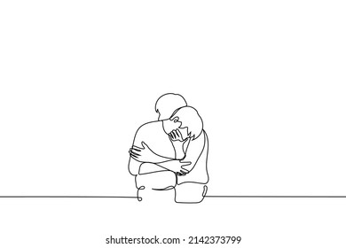 man cries bitterly   another comforts him hugging    one line drawing vector  concept grief   consolation  close people are experiencing difficulties  loss in family 