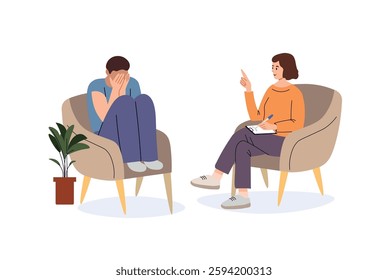 A man cries at a psychologist's appointment. Psychological help.Reception at the psychologist. Conversation. A man with depression came to the psychologist for consultation. Flat vector illustration