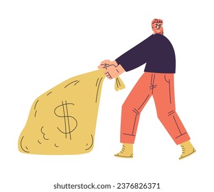 Man Criminal and Bandit Character with Beard Pull Money Sack Commit Crime Vector Illustration