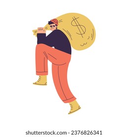 Man Criminal and Bandit Character Carry Money Sack Commit Crime Vector Illustration