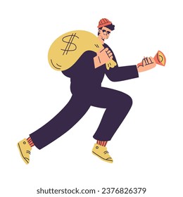 Man Criminal and Bandit Character Carry Money Sack Commit Crime Vector Illustration