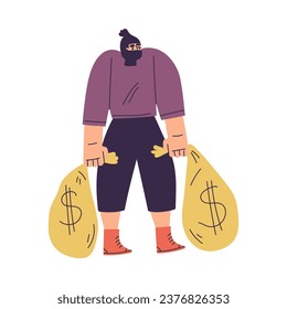 Man Criminal and Bandit Character with Mask Carry Money Sack Commit Crime Vector Illustration