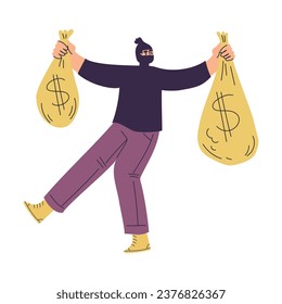 Man Criminal and Bandit Character with Mask Carry Money Sack Commit Crime Vector Illustration