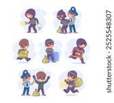 Man Criminal Commit Crime and Theft Vector Set