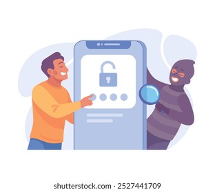 Man Criminal Commit Cyber Crime and Theft Vector Illustration