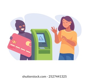 Man Criminal with Credit Card at Bank Terminal Commit Crime and Theft Vector Illustration