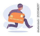 Man Criminal Escape with Plastic Card Commit Crime and Theft Vector Illustration