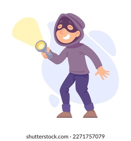 Man Criminal in Hoody and Mask Holding Flashlight Committing Crime Vector Illustration