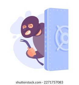 Man Criminal in Mask with Crowbar Looking from Safe Door Committing Crime Vector Illustration