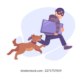 Man Criminal in Mask Escaping with Computer Committing Crime with Dog Chasing Him Vector Illustration