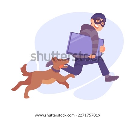 Man Criminal in Mask Escaping with Computer Committing Crime with Dog Chasing Him Vector Illustration
