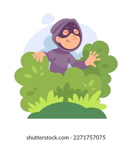 Man Criminal in Mask Hiding Behind Green Bush Committing Crime Vector Illustration