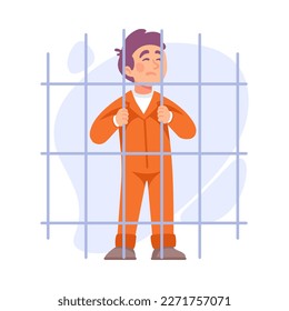 Man Criminal in Mask in Jail Behind Metal Bars Vector Illustration